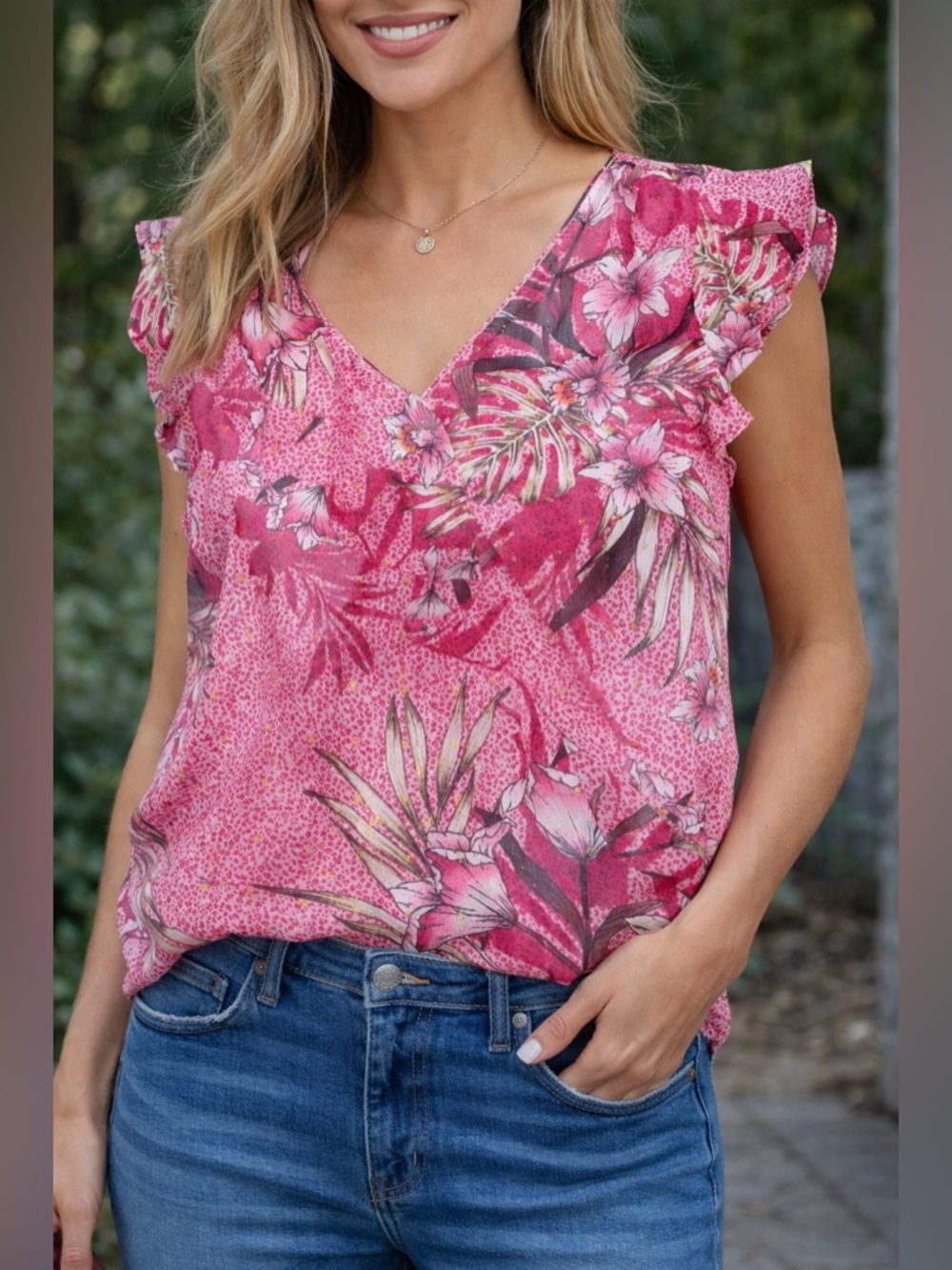 White House Black Market Pink Floral V-Neck Flutter Sleeve Blouse